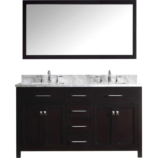 Virtu USA Caroline Avenue 60" Double Bathroom Vanity Cabinet Set in Espresso w/ Italian Carrara White Marble Counter-Top | Square Basin