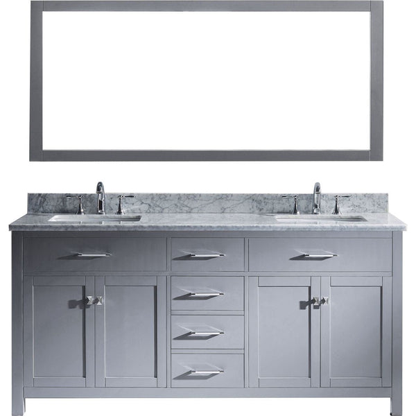 Virtu USA Caroline 72 Double Bathroom Vanity Set in Grey w/ Italian Carrara White Marble Counter-Top