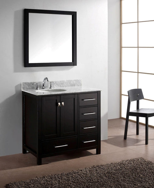 Virtu USA Caroline Avenue 36 Single Bathroom Vanity Cabinet Set in Espresso w/ Italian Carrara White Marble Counter-Top, Round Basin