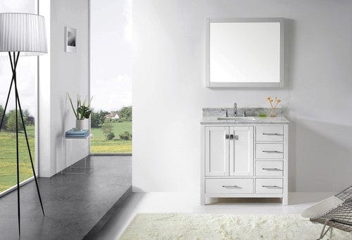 Virtu USA Caroline Avenue 36 Single Bathroom Vanity Cabinet Set in White w/ Italian Carrara White Marble Counter-Top