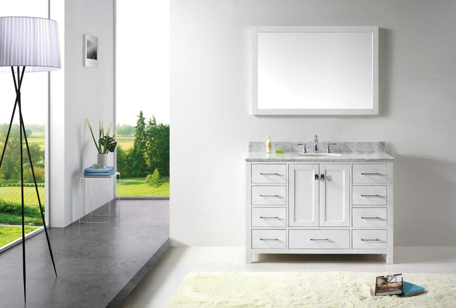 Virtu USA Caroline Avenue 48 Single Bathroom Vanity Cabinet Set in White w/ Italian Carrara White Marble Counter-Top, Round Basin