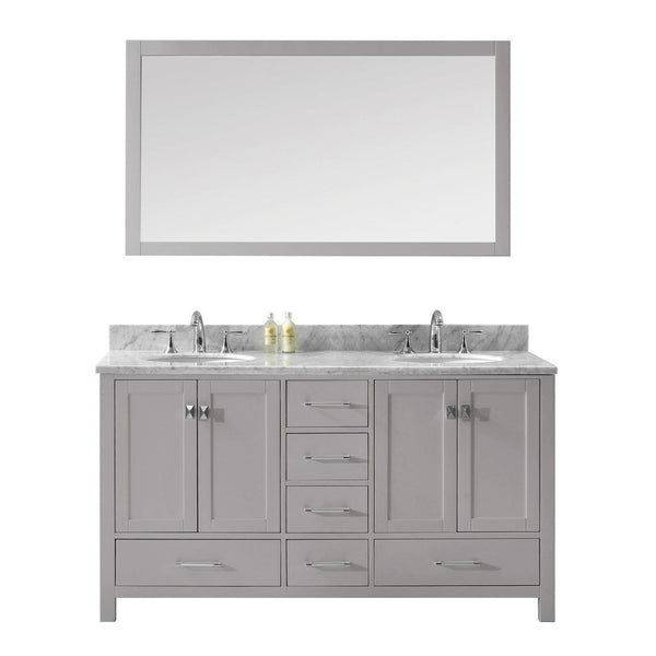 Virtu USA Caroline Avenue 60 Double Bathroom Vanity in Cashmere Grey w/ Marble Top & Round Sink w/ Mirror