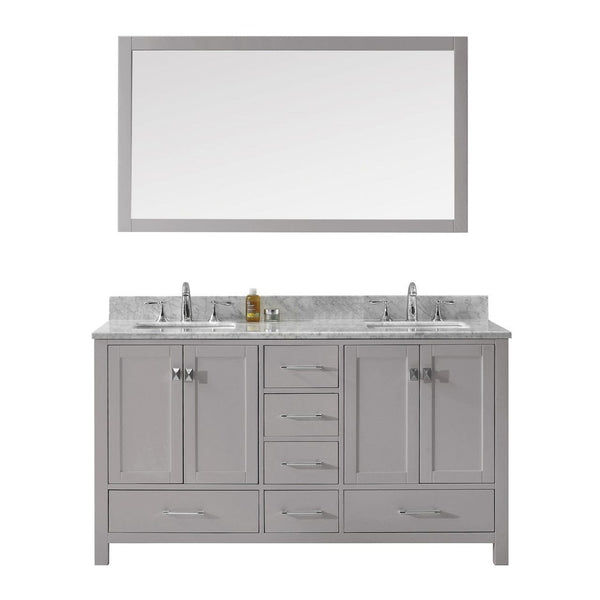 Virtu USA Caroline Avenue 60 Double Bathroom Vanity in Cashmere Grey w/ Marble Top & Square Sink w/ Mirror