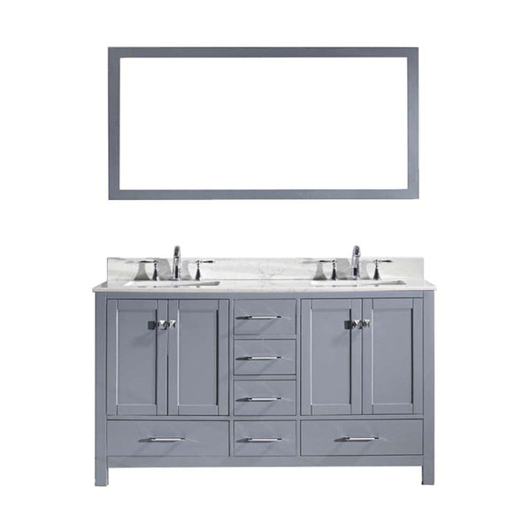 Virtu USA Caroline Avenue 60 Double Bathroom Vanity Set in Grey w/ Italian Carrara White Marble Counter-Top
