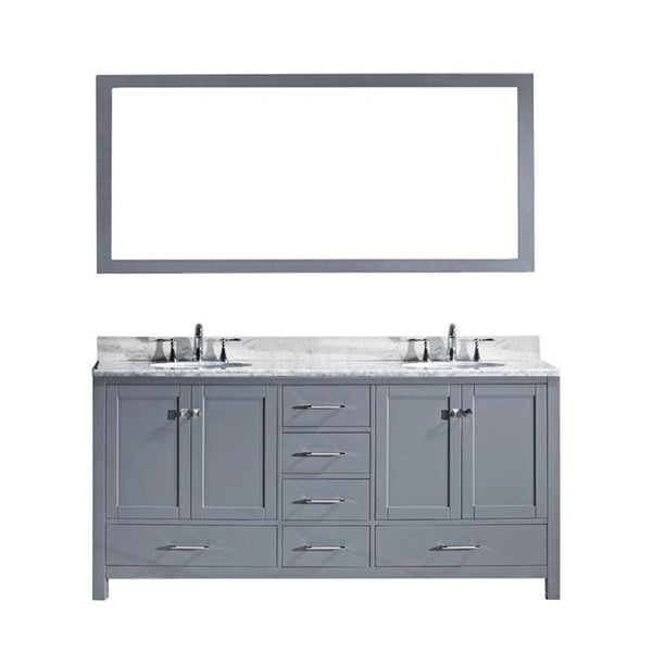 Virtu USA Caroline Avenue 72 Double Bathroom Vanity Set in Grey w/ Italian Carrara White Marble Counter-Top, Round Sink
