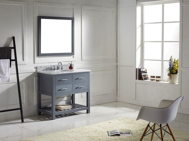 Virtu USA Caroline Estate 36 Single Bathroom Vanity Cabinet Set in Grey w/ Italian Carrara White Marble Counter-Top, Round Basin