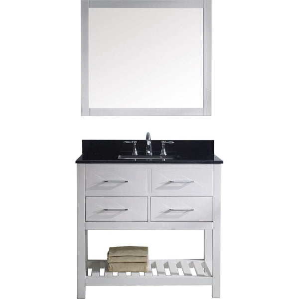 Virtu USA Caroline Estate 36 Single Bathroom Vanity Set in White w/ Black Galaxy Granite Counter-Top | Square Basin