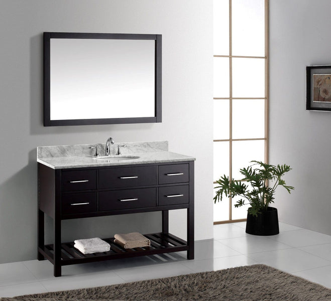 Virtu USA Caroline Estate 48 Single Bathroom Vanity Cabinet Set in Espresso w/ Italian Carrara White Marble Counter-Top, Round Basin
