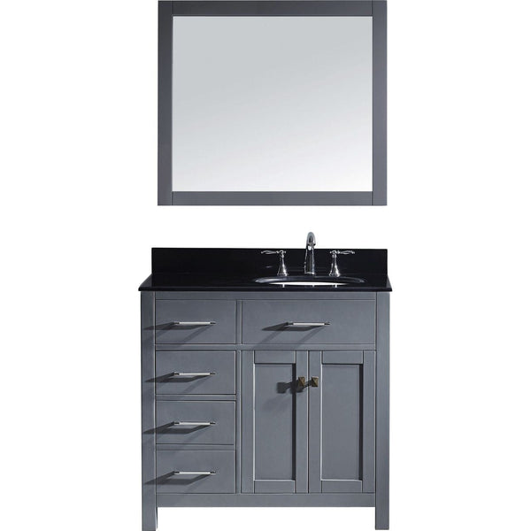 Virtu USA Caroline Parkway 36 Single Bathroom Vanity Set in Grey w/ Black Galaxy Granite Counter-Top | Round Basin