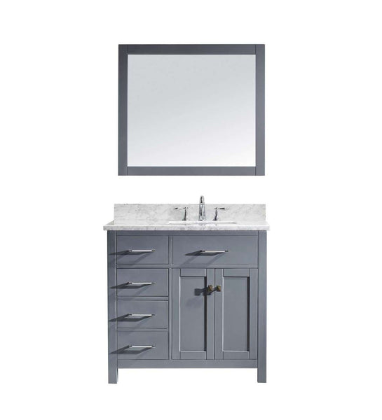 Virtu USA Caroline Parkway 36 Single Bathroom Vanity Set in Grey w/ Italian Carrara White Marble Counter-Top | Square Basin