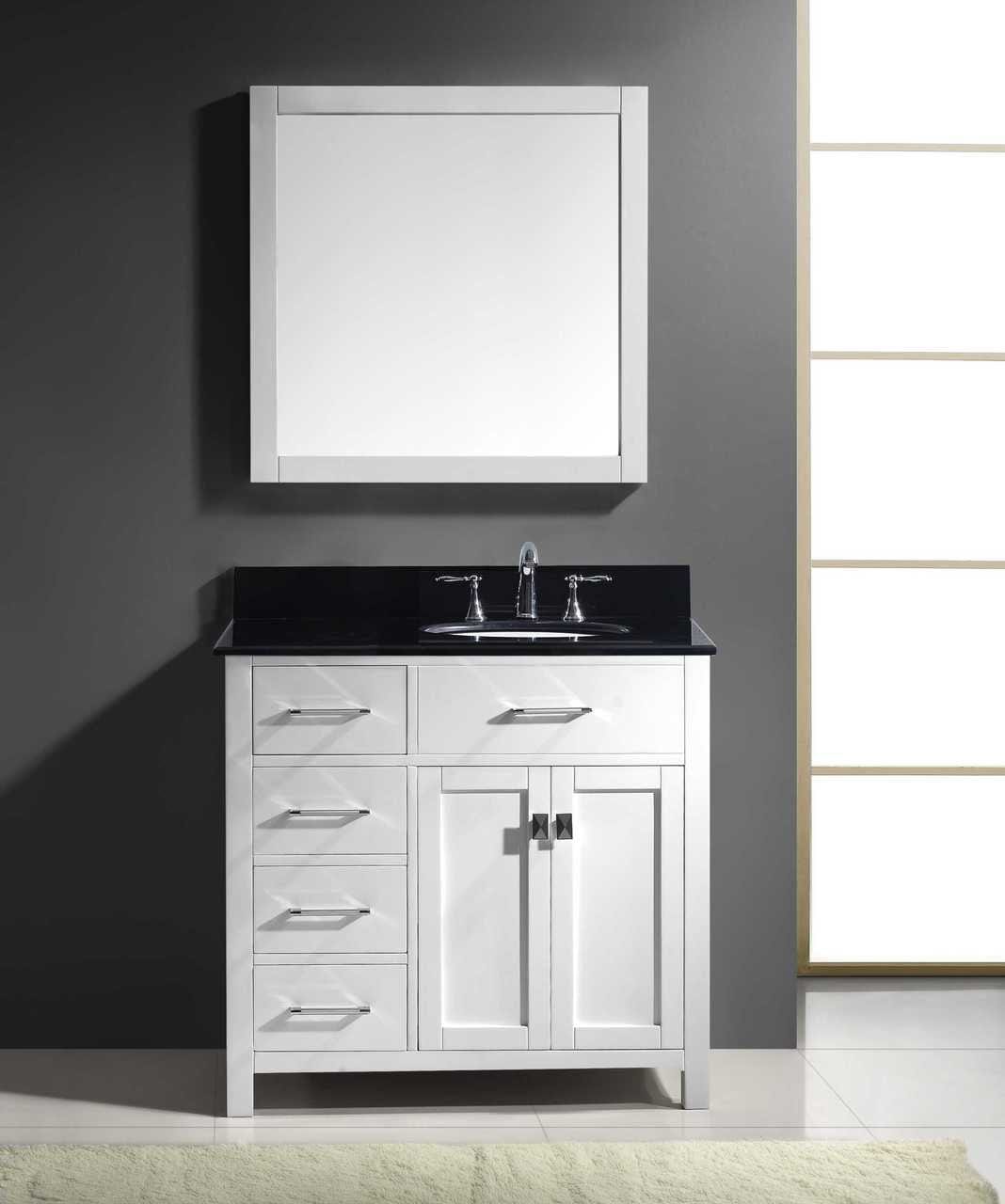 Virtu USA Vanities PS-265-BN Virtu USA Caroline Parkway 36 Single Bathroom Vanity Set in White w/ Black Galaxy Granite Counter-Top | Round Basin - Leftside Drawer