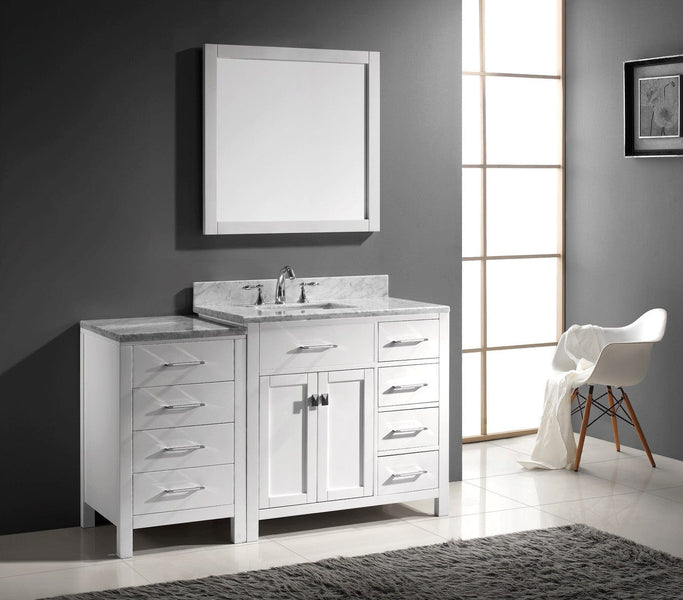 Virtu USA Caroline Parkway 57 Single Bathroom Vanity Cabinet Set in White w/ Italian Carrara White Marble Counter-Top