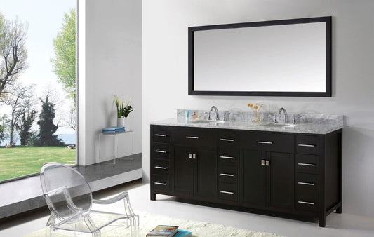 Virtu USA Caroline Parkway 78" Double Bathroom Vanity Cabinet Set in Espresso w/ Italian Carrara White Marble Counter-Top, Round Basin