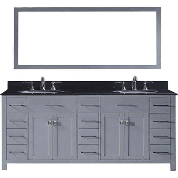 Virtu USA Caroline Parkway 78 Double Bathroom Vanity Set in Grey w/ Black Galaxy Granite Counter-Top | Round Basin