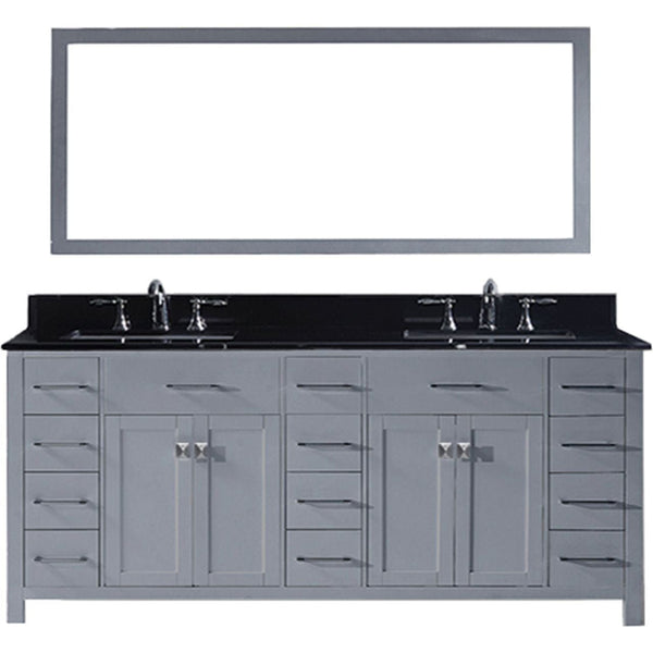 Virtu USA Caroline Parkway 78 Double Bathroom Vanity Set in Grey w/ Black Galaxy Granite Counter-Top | Square Basin
