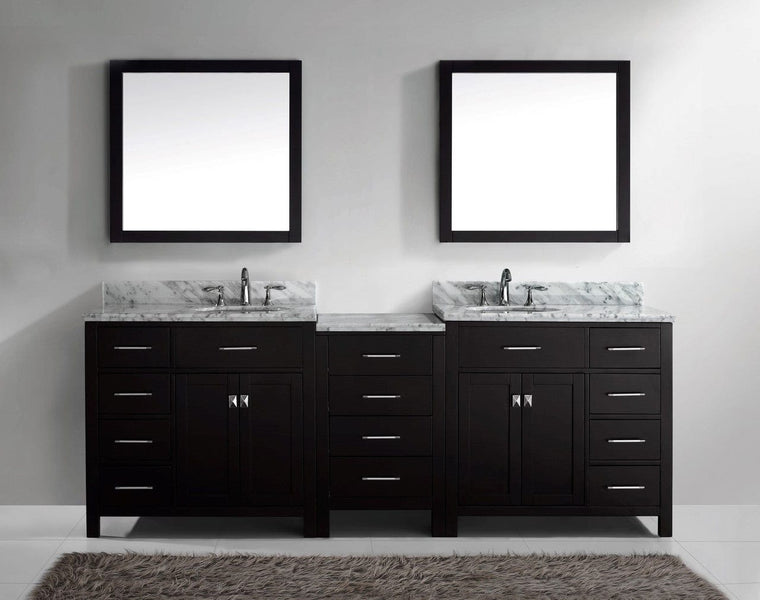 Virtu USA Caroline Parkway 93 Double Bathroom Vanity Cabinet Set in Espresso w/ Italian Carrara White Marble Counter-Top, Round Basin