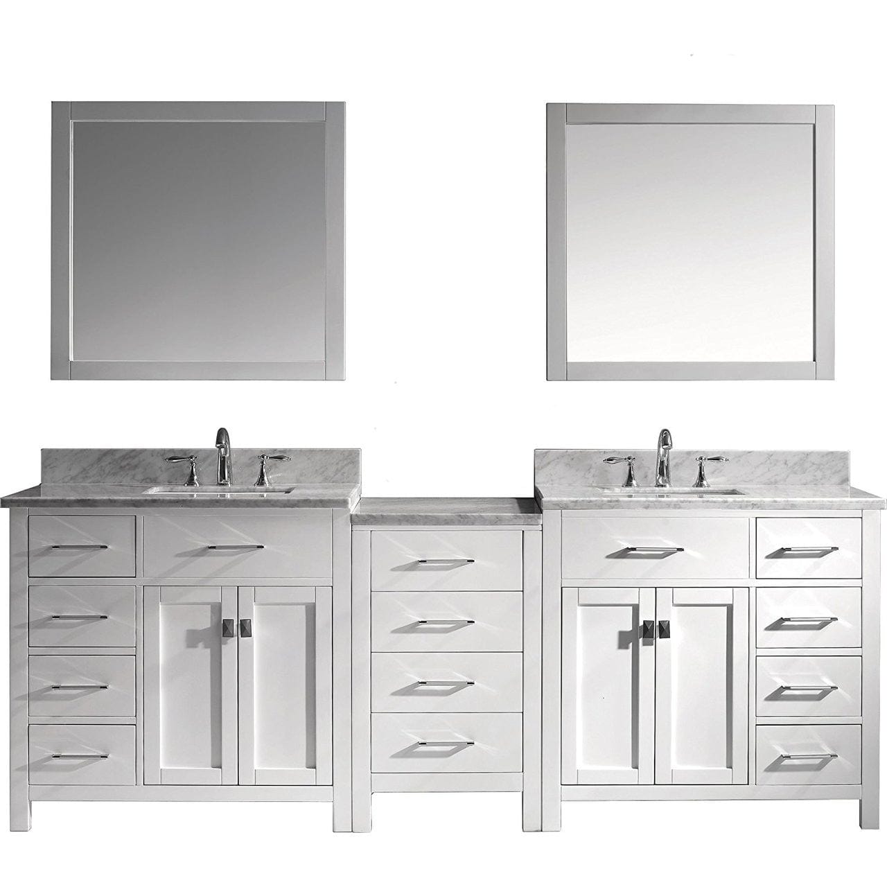 Virtu USA Caroline Parkway 93" Double Bathroom Vanity Cabinet Set in White w/ Italian Carrara White Marble Counter-Top
