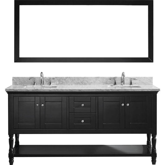 Virtu USA Julianna 72" Double Bathroom Vanity Set in Espresso w/ Italian Carrara White Marble Counter-Top | Square Basin