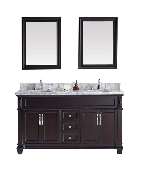 Virtu USA Victoria 60 Double Bathroom Vanity Cabinet Set in Espresso w/ Italian Carrara White Marble Counter-Top, Round Basin