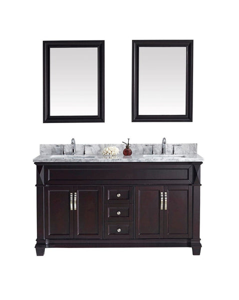 Virtu USA Victoria 60 Double Bathroom Vanity Cabinet Set in Espresso w/ Italian Carrara White Marble Counter-Top