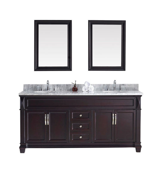 Virtu USA Victoria 72 Double Bathroom Vanity Cabinet Set in Espresso w/ Italian Carrara White Marble Counter-Top, Round Basin