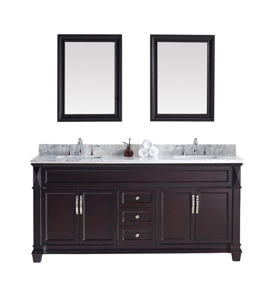 Virtu USA Victoria 72 Double Bathroom Vanity Cabinet Set in Espresso w/ Italian Carrara White Marble Counter-Top