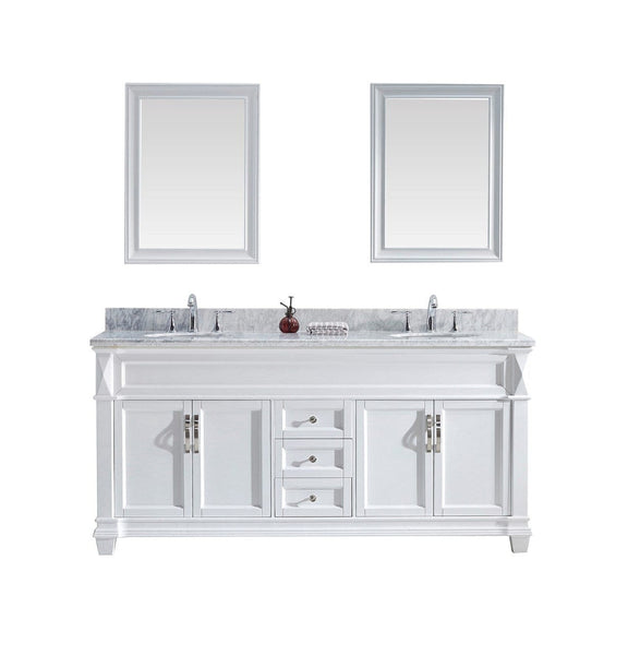 Virtu USA Victoria 72 Double Bathroom Vanity Cabinet Set in White w/ Italian Carrara White Marble Counter-Top, Round Basin