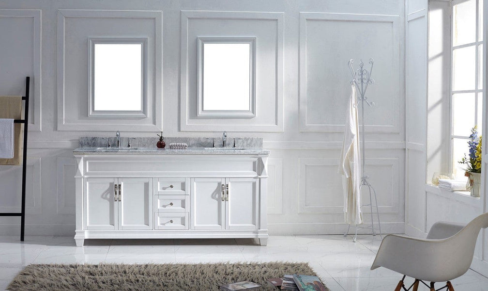 Virtu USA Victoria 72 Double Bathroom Vanity Cabinet Set in White w/ Italian Carrara White Marble Counter-Top
