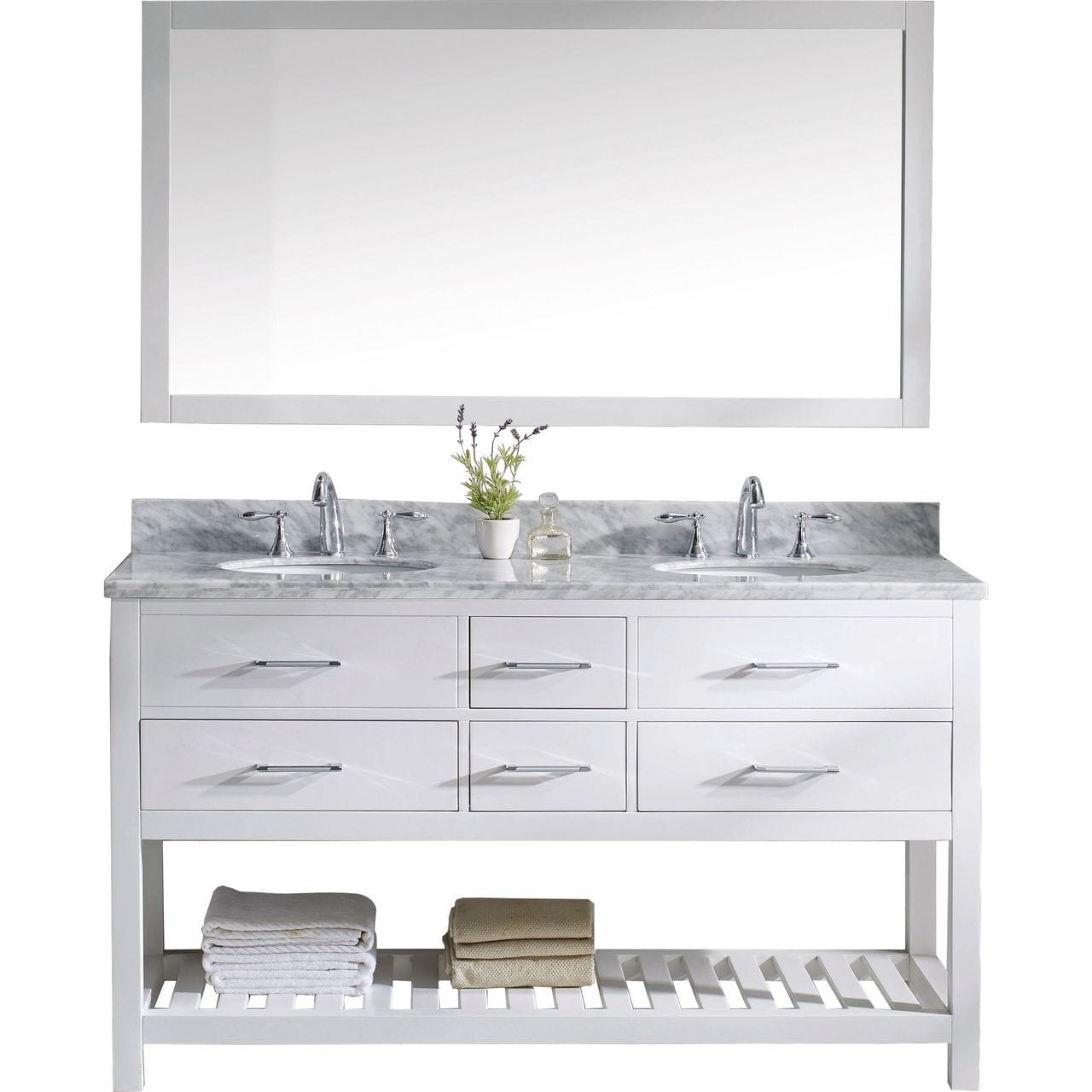 Virtu USA Caroline Estate 60 Double Bathroom Vanity Set in White w/ Italian Carrara White Marble Counter-Top | Round Basin