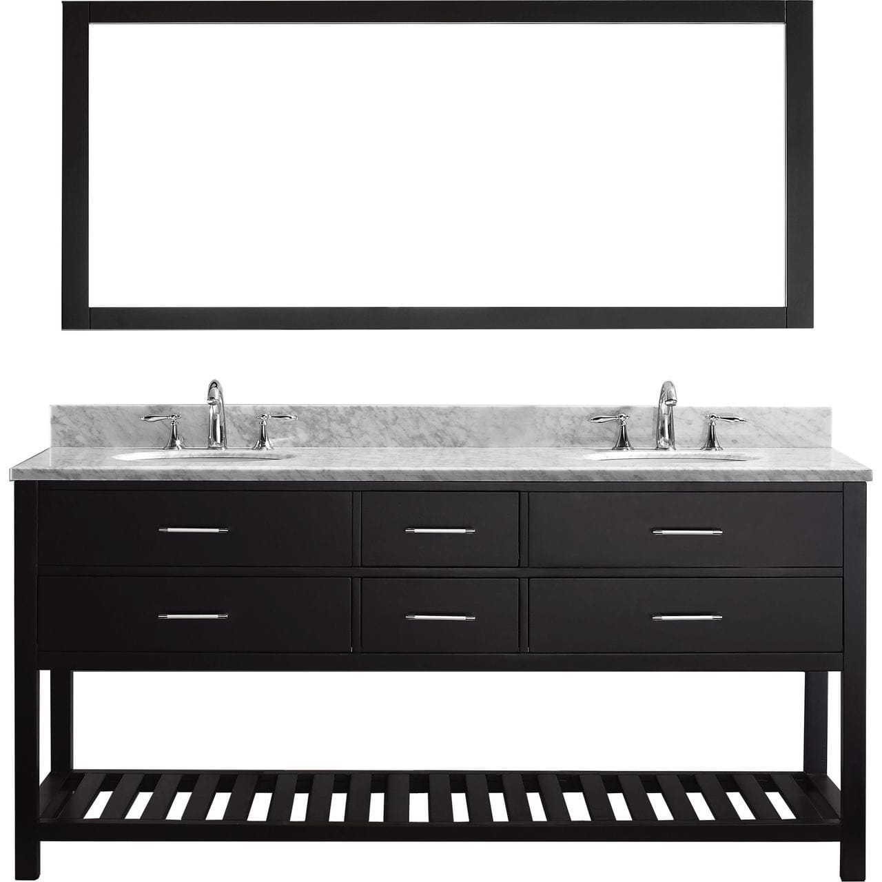 Virtu USA Vanities Single Mirror / No Faucet Virtu USA Caroline Estate 72 Double Bathroom Vanity Set in Espresso w/ Italian Carrara White Marble Counter-Top |Ê Round Basin