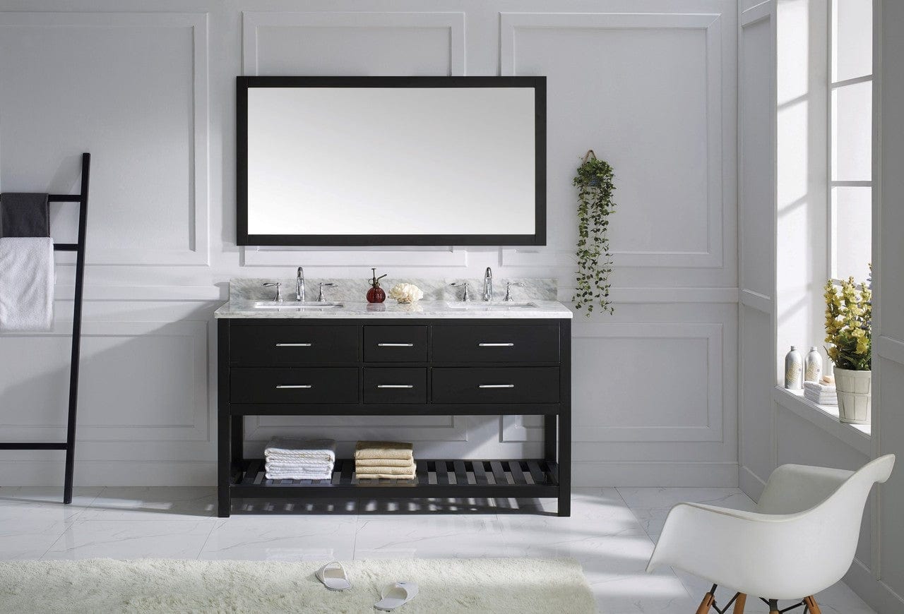 Virtu USA Vanities Single Mirror / PS-265-PC Virtu USA Caroline Estate 60 Double Bathroom Vanity Cabinet Set in Espresso w/ Italian Carrara White Marble Counter-Top | Square Basin