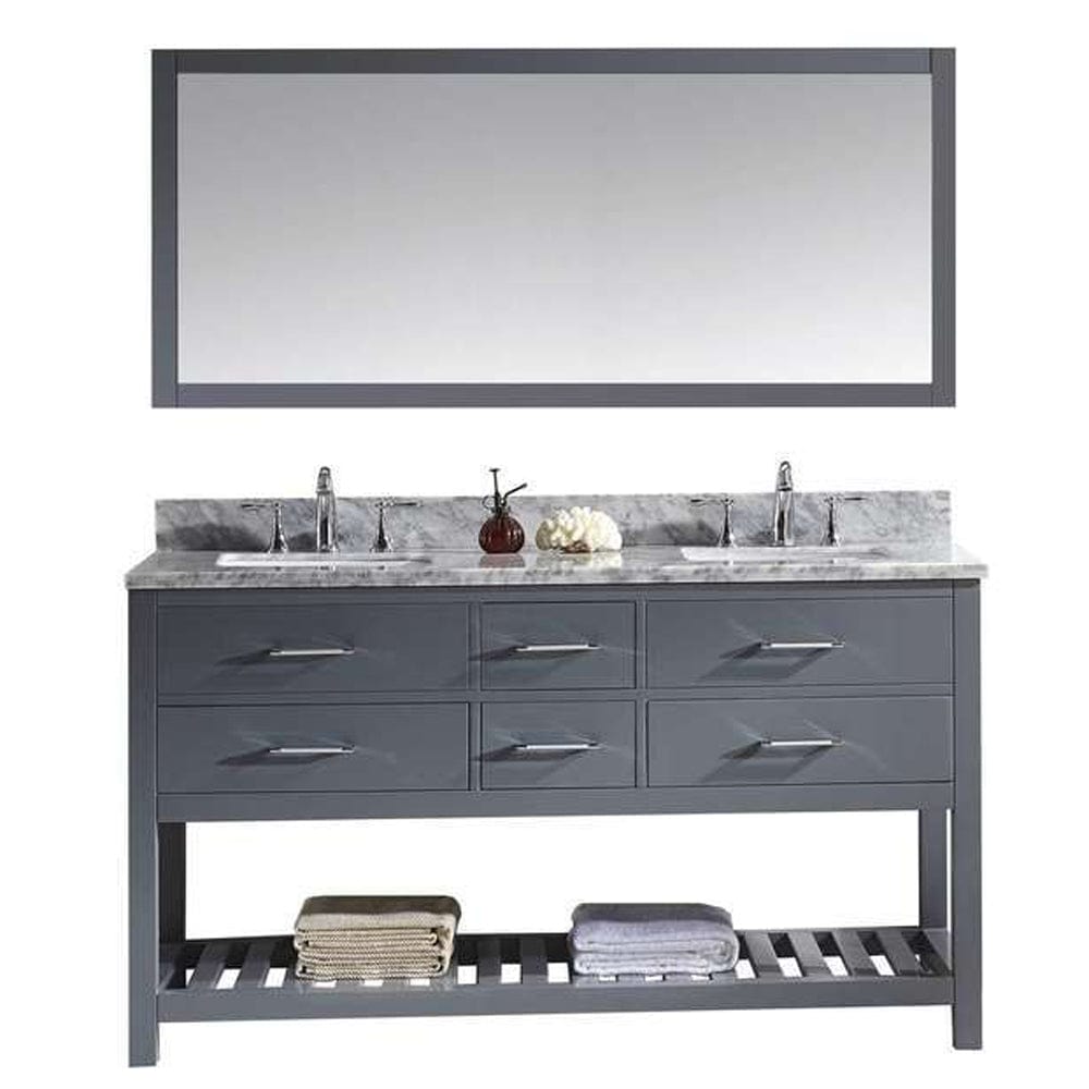 Virtu USA Vanities Single Mirror / PS-265-PC Virtu USA Caroline Estate 60 Double Bathroom Vanity Cabinet Set in Grey w/ Italian Carrara White Marble Counter-Top | Square Basin