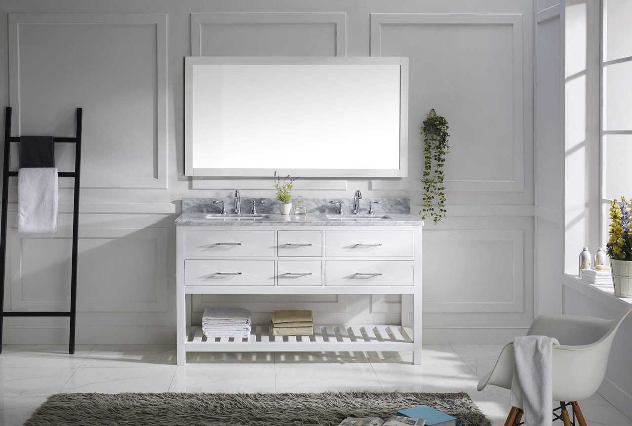 Virtu USA Vanities Single Mirror / PS-265-PC Virtu USA Caroline Estate 60 Double Bathroom Vanity Cabinet Set in White w/ Italian Carrara White Marble Counter-Top | Square Basin