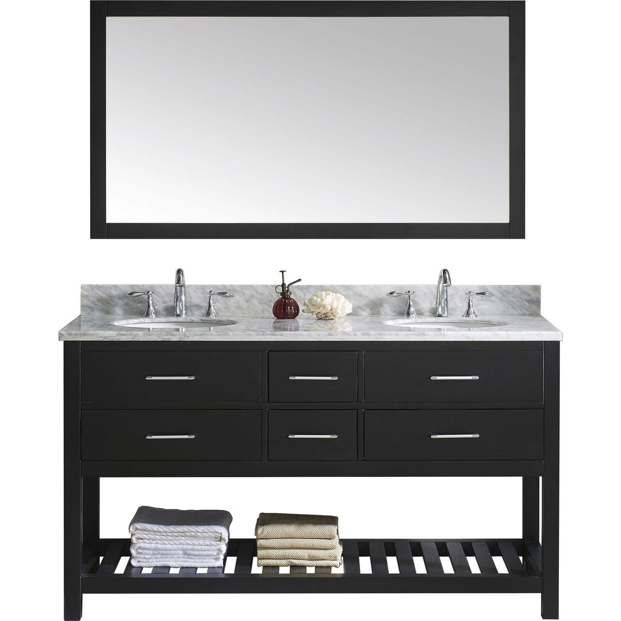 Virtu USA Vanities Single Mirror / PS-265-PC Virtu USA Caroline Estate 60 Double Bathroom Vanity Set in Espresso w/ Italian Carrara White Marble Counter-Top |Ê Round Basin