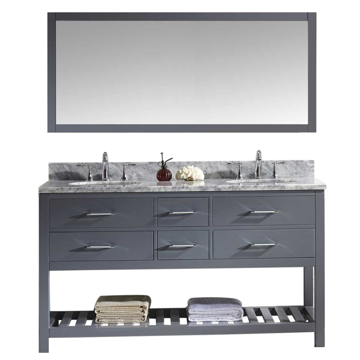 Virtu USA Vanities Single Mirror / PS-265-PC Virtu USA Caroline Estate 60 Double Bathroom Vanity Set in Grey w/ Italian Carrara White Marble Counter-Top |Ê Round Basin