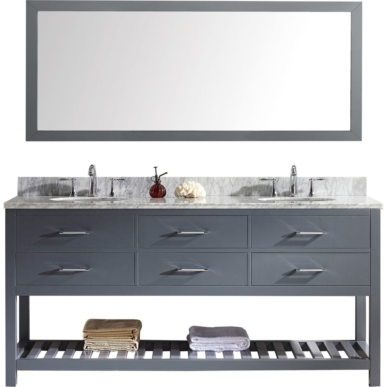Virtu USA Vanities Single Mirror / PS-265-PC Virtu USA Caroline Estate 72 Double Bathroom Vanity Set in Grey w/ Italian Carrara White Marble Counter-Top |Ê Round Basin
