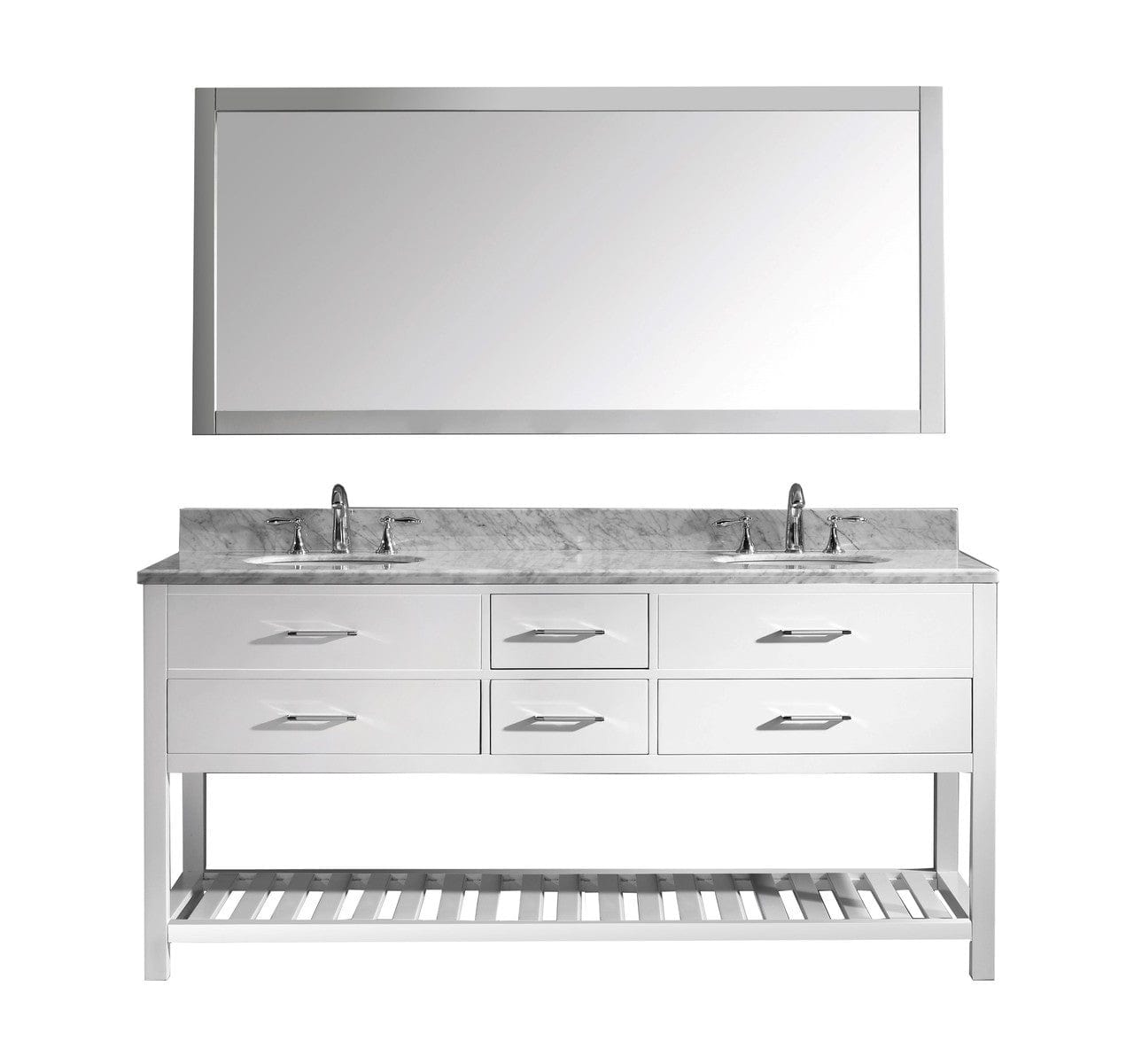 Virtu USA Vanities Single Mirror / PS-265-PC Virtu USA Caroline Estate 72 Double Bathroom Vanity Set in White w/ Italian Carrara White Marble Counter-Top |Ê Round Basin