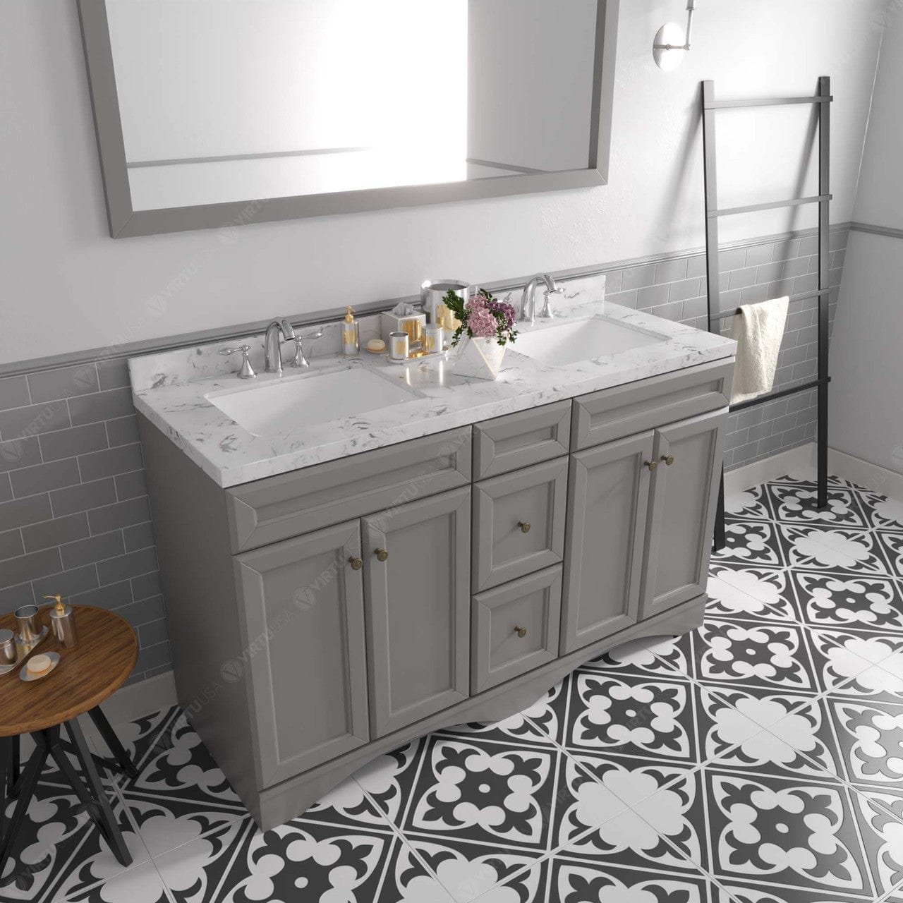Virtu USA Vanities Talisa 60" Double Bath Vanity in Gray with Cultured Marble Quartz Top by Virtu USA