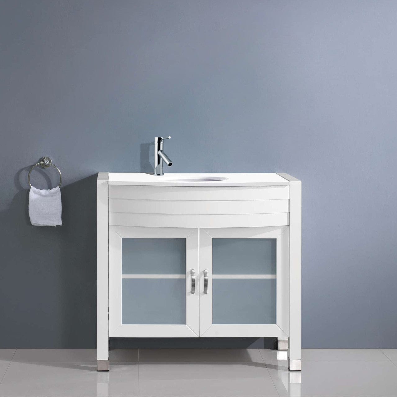 Virtu USA Ava 36 Single Vanity with Aqua Tempered Glass countertop in White | Integrated Round Sink