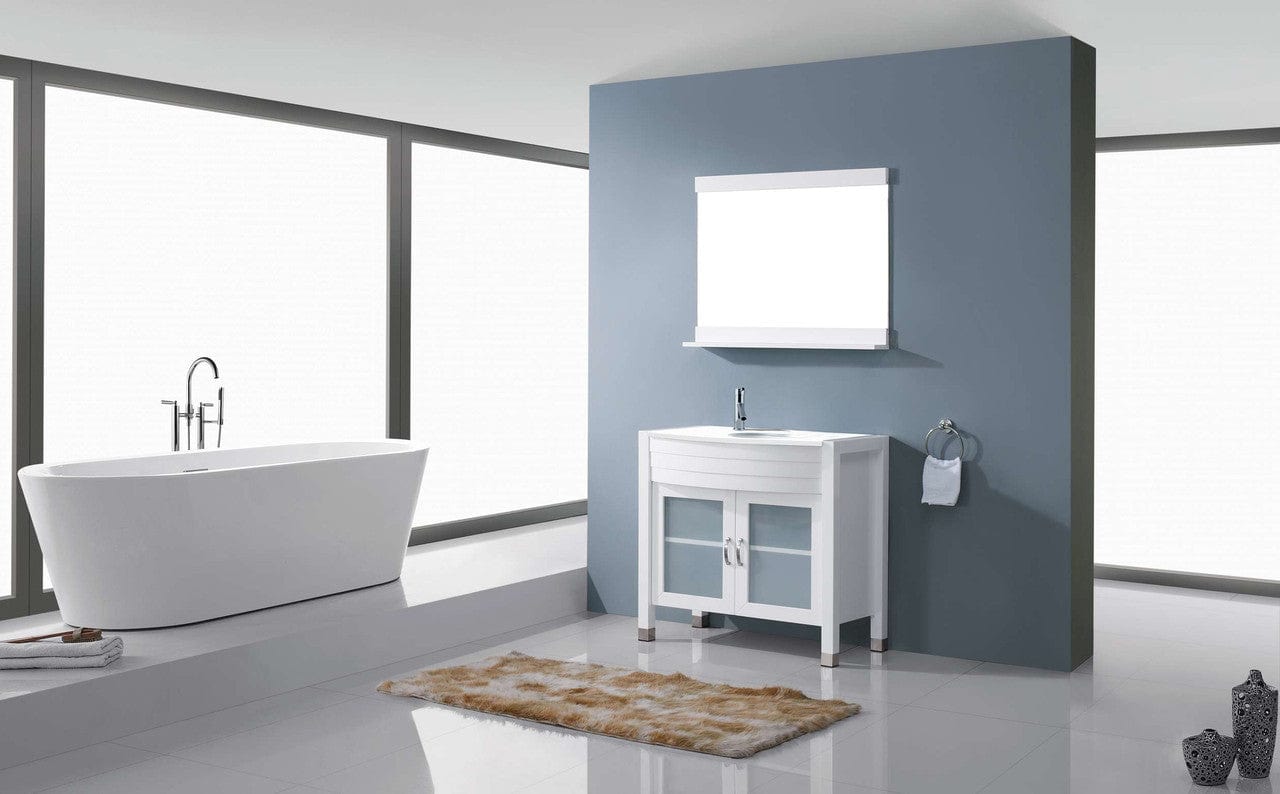 Virtu USA Ava 36 Single Vanity with Aqua Tempered Glass countertop in White | Integrated Round Sink