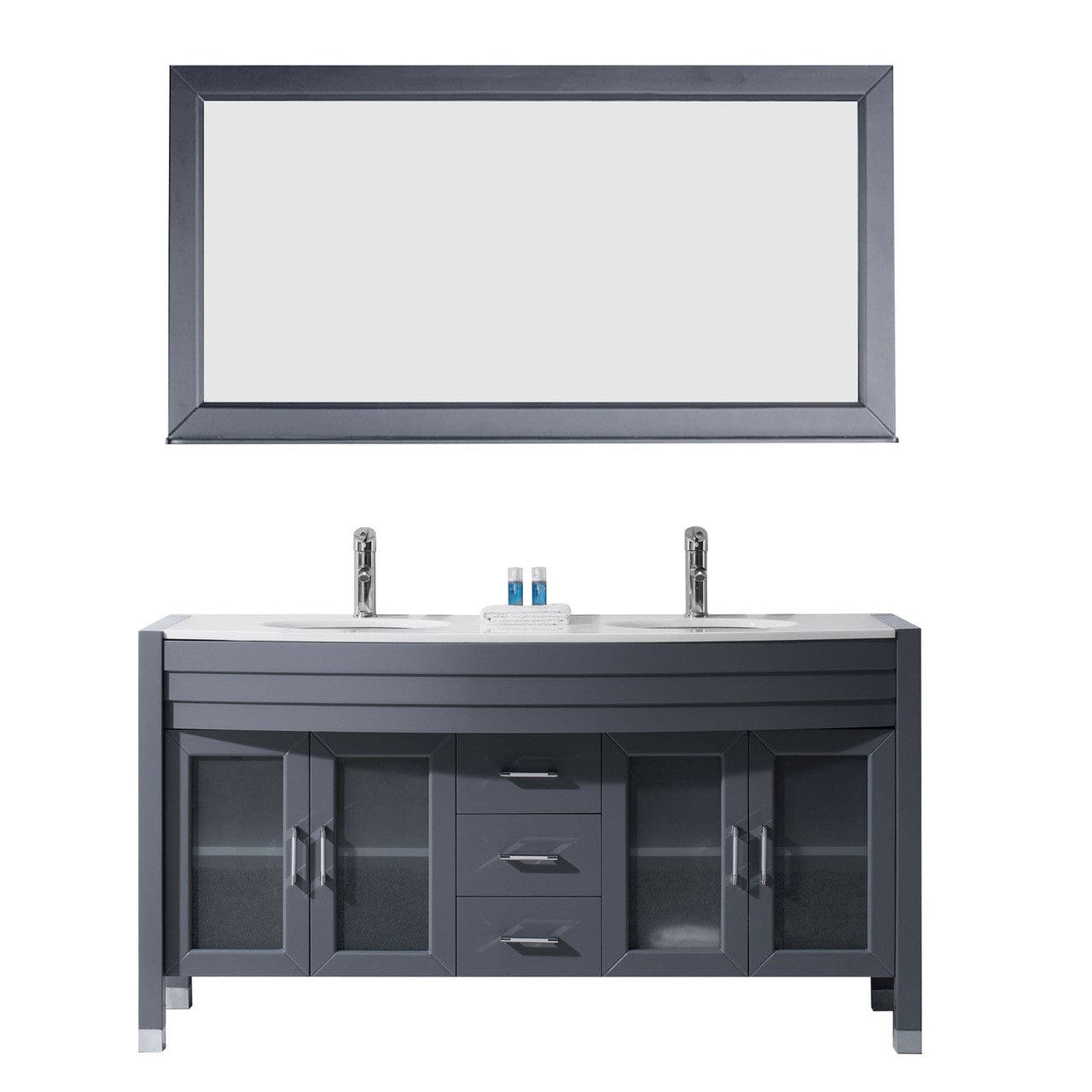 Virtu USA Ava 63" Double Bathroom Vanity Set in Grey w/ White Stone Counter-Top | Round Basin