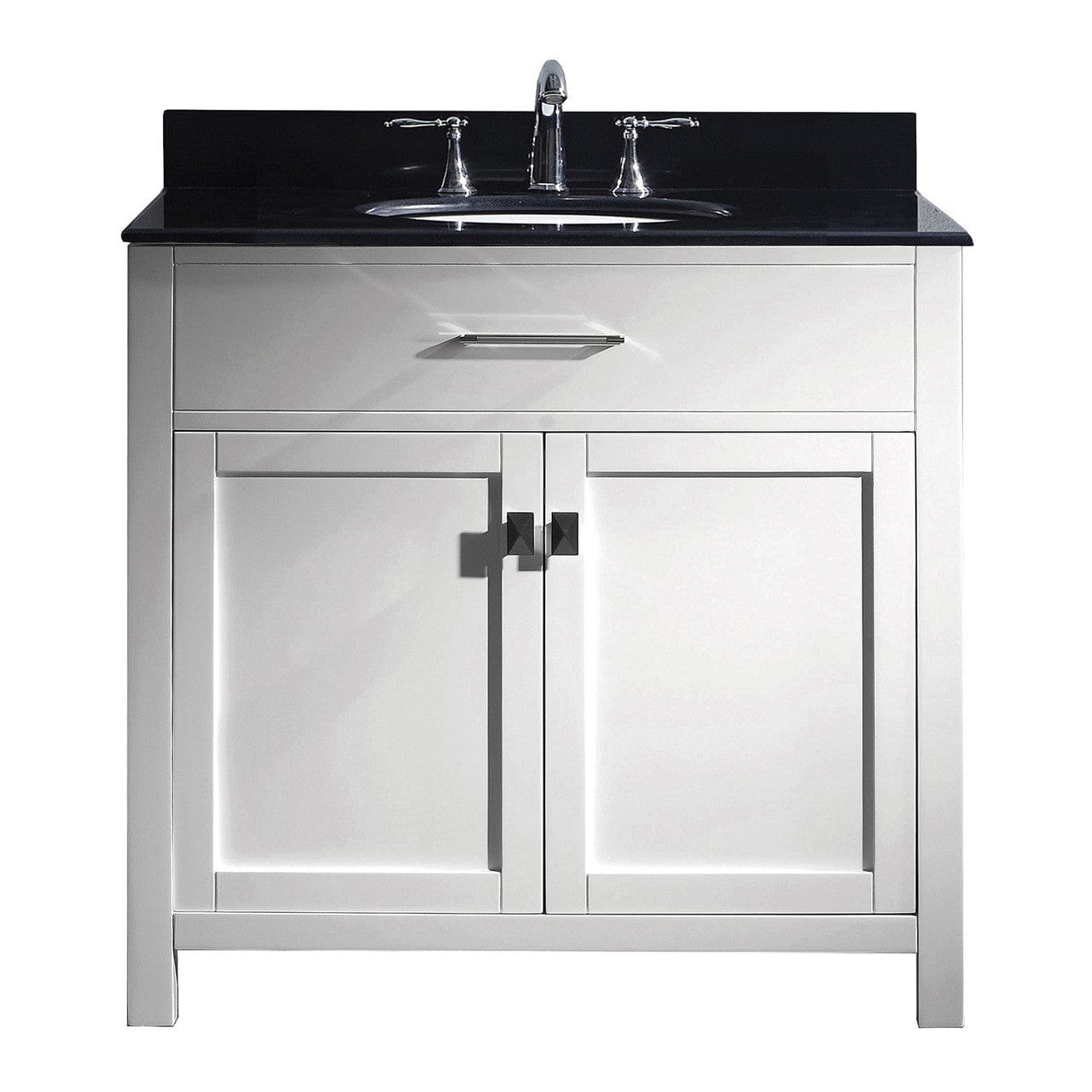 Virtu USA Caroline 36 Single Bathroom Vanity Set in White w/ Black Galaxy Granite Counter-Top | Round Basin