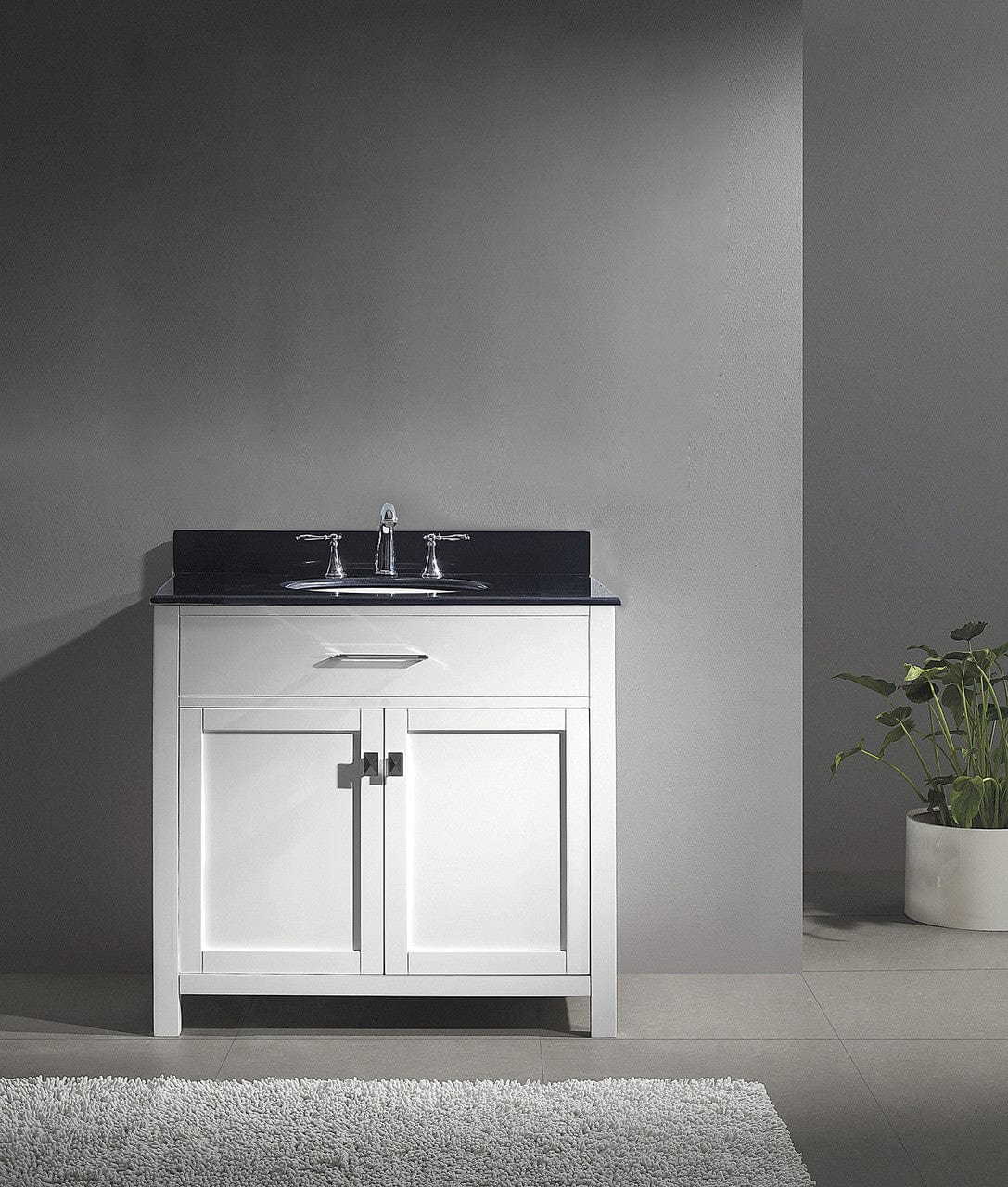 Virtu USA Vanities Virtu USA Caroline 36 Single Bathroom Vanity Set in White w/ Black Galaxy Granite Counter-Top | Round Basin