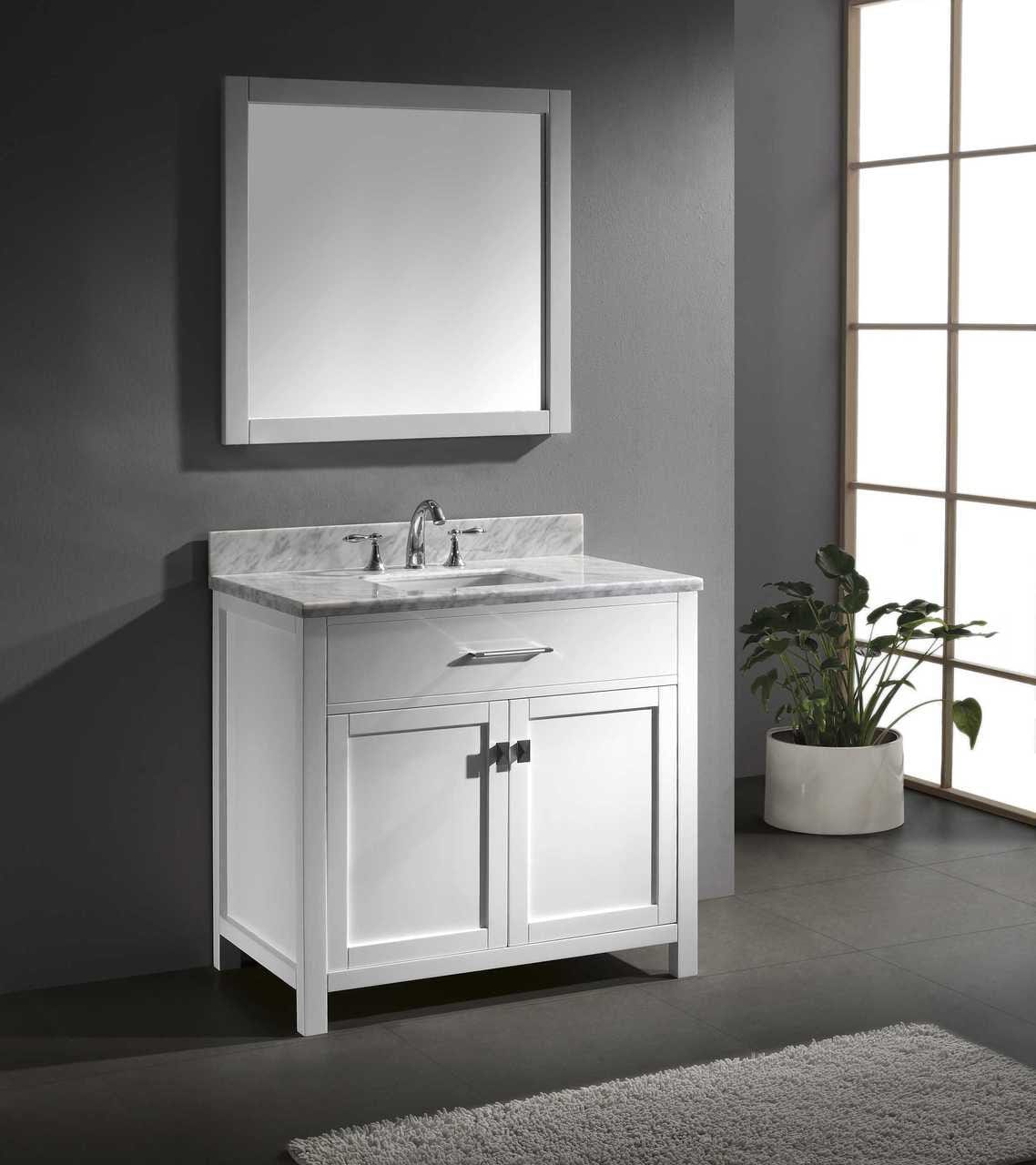 Virtu USA Caroline 36 Single Bathroom Vanity Set in White w/ Italian Carrara White Marble Counter-Top | Square Basin