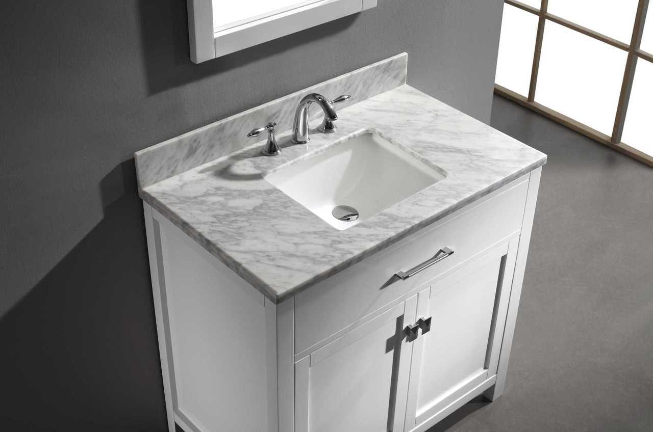 Virtu USA Vanities Virtu USA Caroline 36 Single Bathroom Vanity Set in White w/ Italian Carrara White Marble Counter-Top | Square Basin