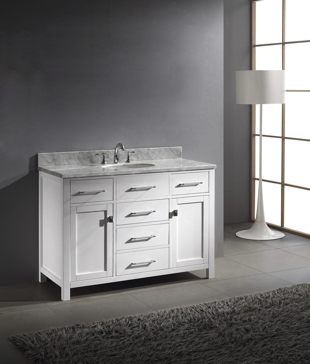 Virtu USA Caroline 48 Single Bathroom Vanity Cabinet Set in White w/ Grey Quartzite Counter-Top | Round Basin
