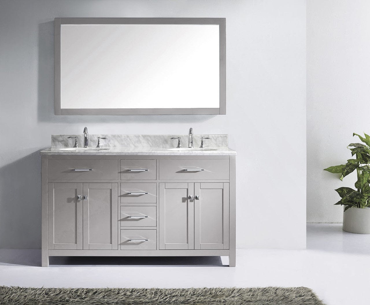 Virtu USA Vanities Virtu USA Caroline 60 Double Bathroom Vanity in Cashmere Grey w/ Marble Top & Round Sink w/ Mirror