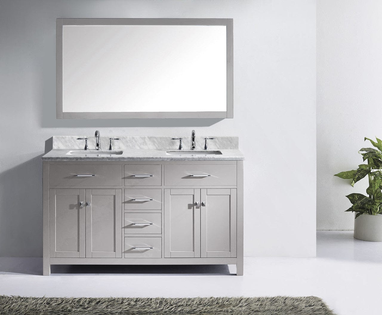 Virtu USA Vanities Virtu USA Caroline 60 Double Bathroom Vanity in Cashmere Grey w/ Marble Top & Square Sink w/ Mirror