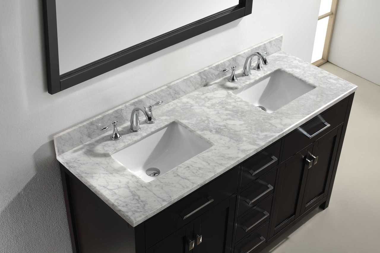 Virtu USA Caroline 60 Double Bathroom Vanity Set in Espresso w/ Italian Carrara White Marble Counter-Top |Ê Square Basin
