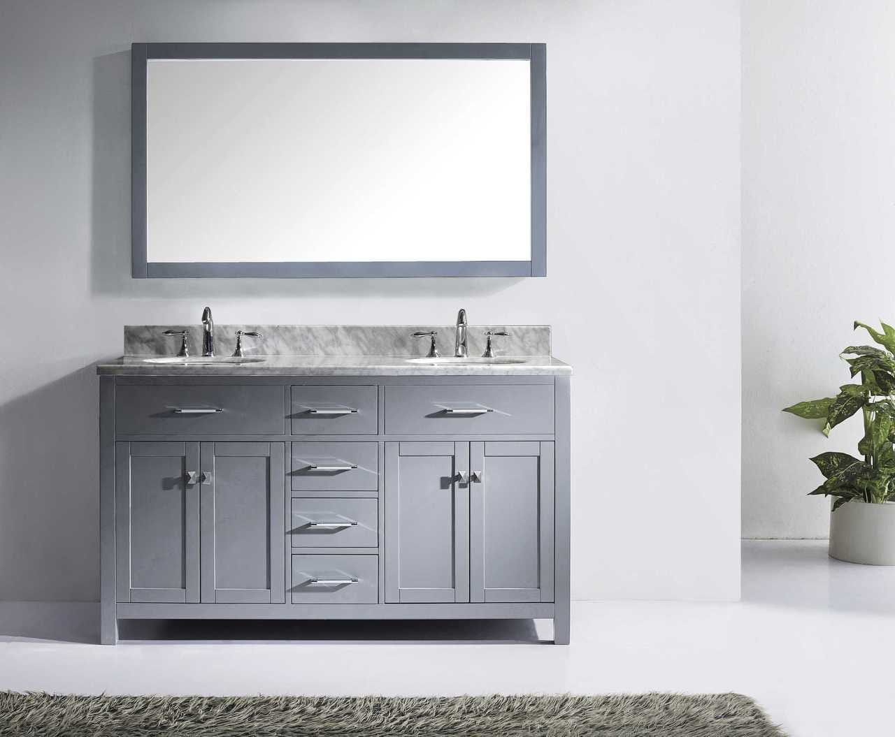 Virtu USA Caroline 60 Double Bathroom Vanity Set in Grey w/ Italian Carrara White Marble Counter-Top | Round Basin